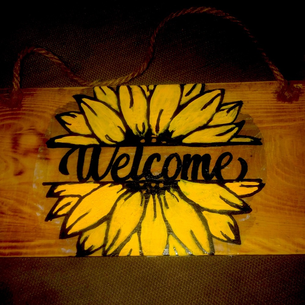 Homemade wooden sunflower welcome sign 12”L 6”H 1/2”W